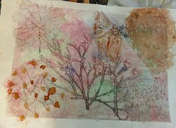 Monoprint with chine colle in drypoint with watercolor and etching.  This is the second run or ghost of 3rd image in first row.