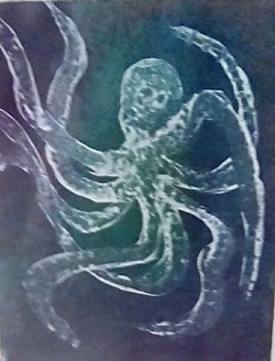 Octopus. from Coral Reef Series -  silk collagraph on Rives BFK Akua ink.
