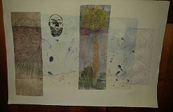 Mountain Men 4 drypoint prints chine colle over ghost monoprint, water color. Left 3 plates layered